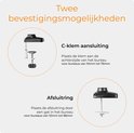 Zwarte monitorarm met twee bevestigingsopties: C-klem voor bureaus van 10-76mm en afsluitring voor bureaus van 10-86mm.