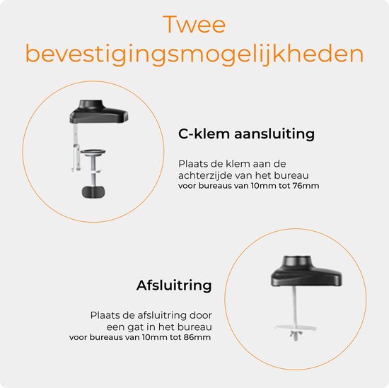 Zwarte monitorarm met twee bevestigingsopties: C-klem voor bureaus van 10-76mm en afsluitring voor bureaus van 10-86mm.