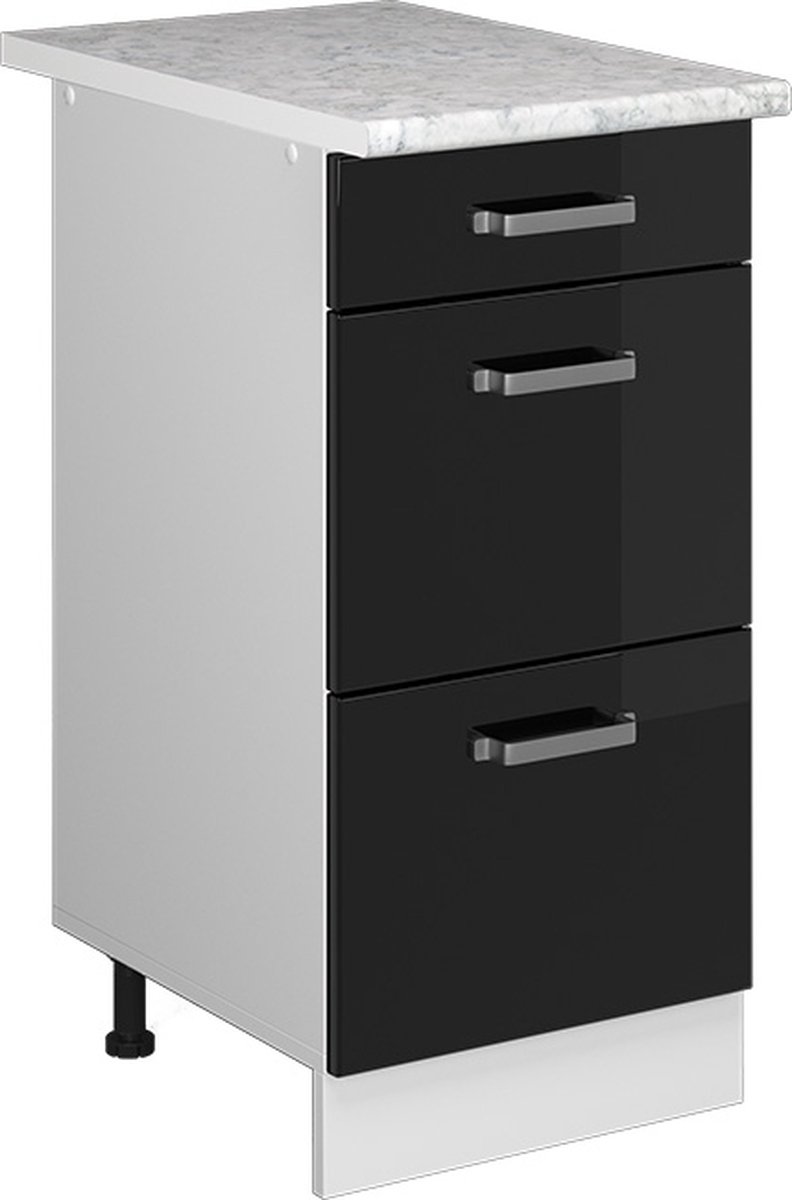 Vicco R-Line Keukenonderkast – 40 cm met laden, met marmeren werkblad Zwart hoogglans