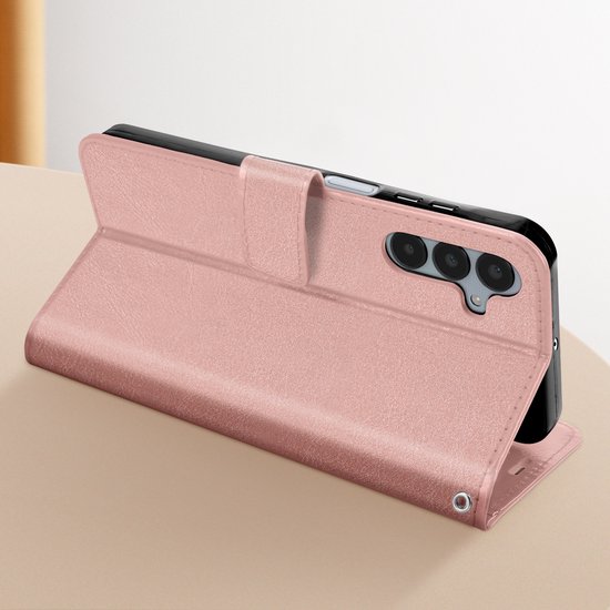 Foto: Mayaxess foliohoes geschikt voor samsung galaxy a25 5g bescherming met polsband multifunctionele flap rose goud