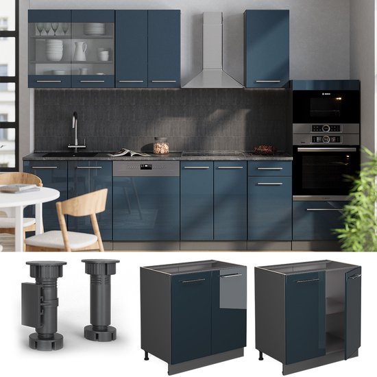 Vicco Countertop Block Fame- Line, Bleu foncé brillant/Anthracite, 80 cm avec étagère, sans plan de travail