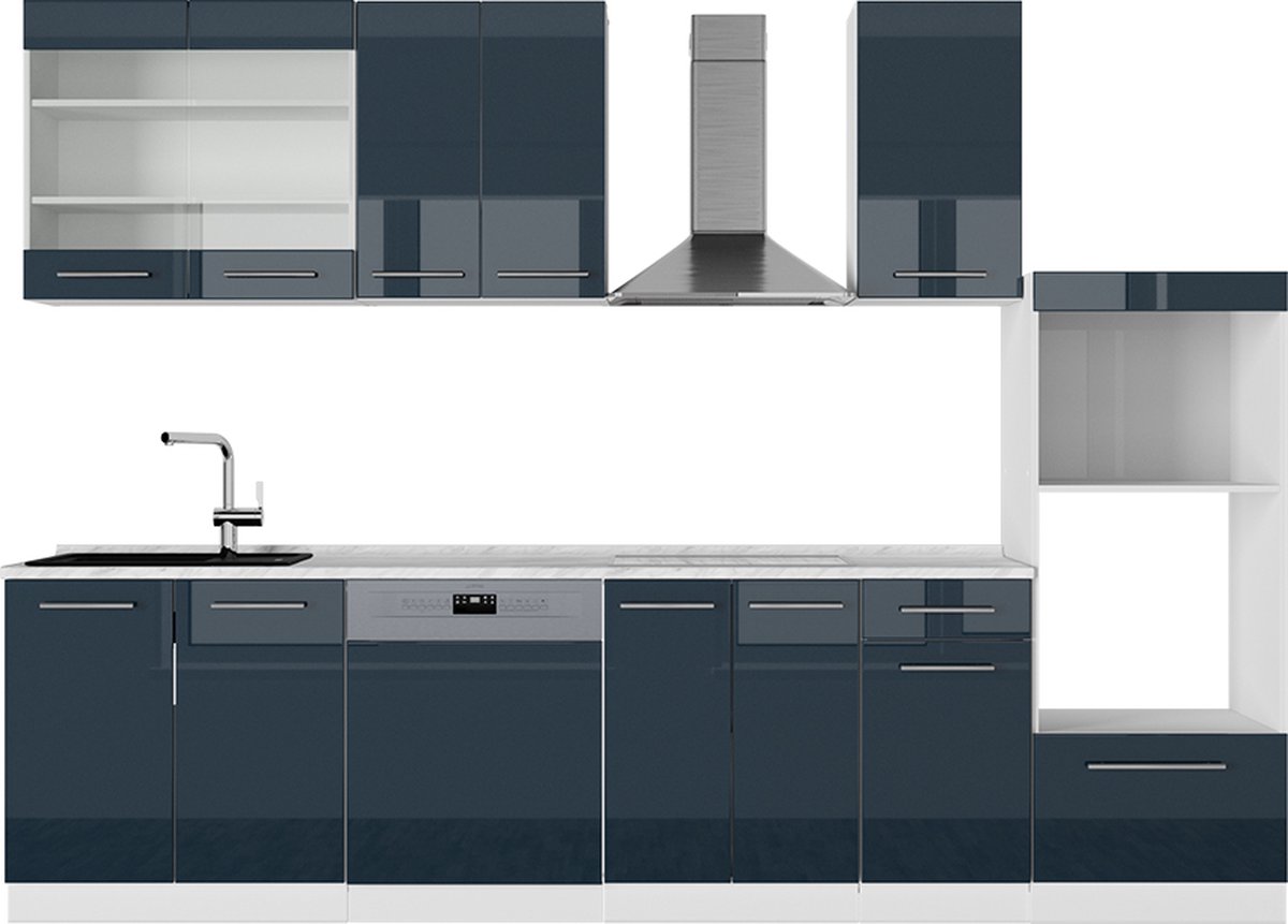 Vicco Fame-Line Complete keukeneenheid – 300 cm met hoge kast, WB Marmer Donkerblauw hoogglans/wit