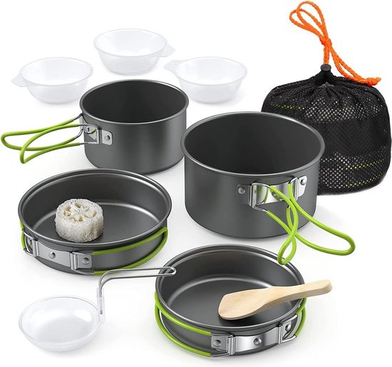 11-delige campingpannenset voor 2-3 personen met opvouwbare lepel en vork - outdoor kookgerei voor wandelen, BBQ en picknick camping pannenset