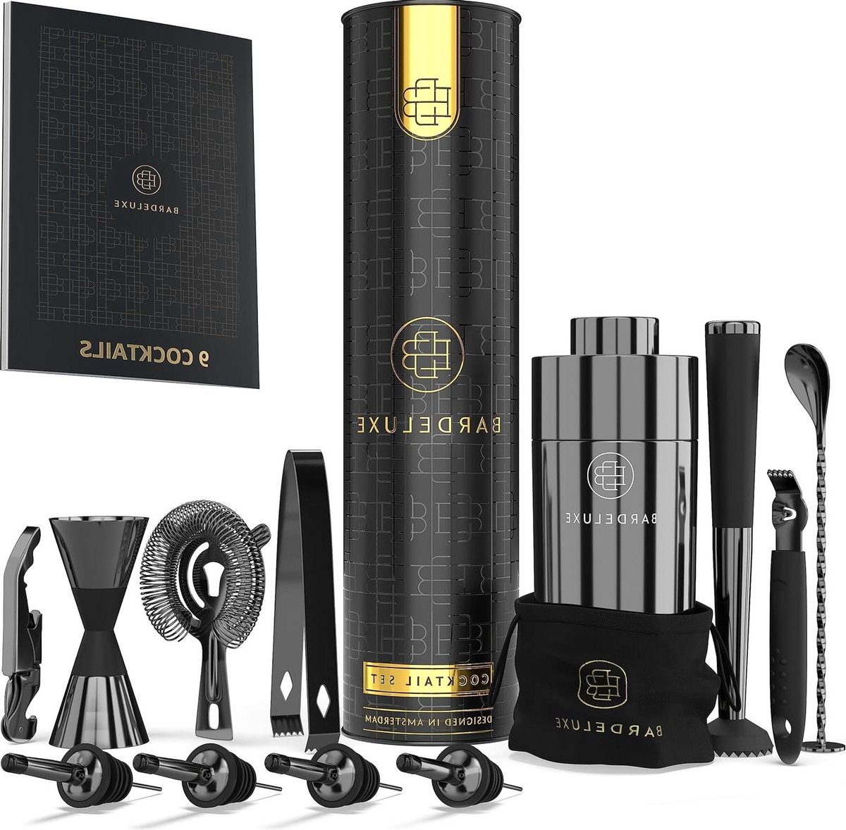 Cocktail Set 12-Delig Shaker Set 750 ml Roestvrij Staal Inclusief Luxe Geschenkdoos Opbergtasje & Receptenboek Zwart