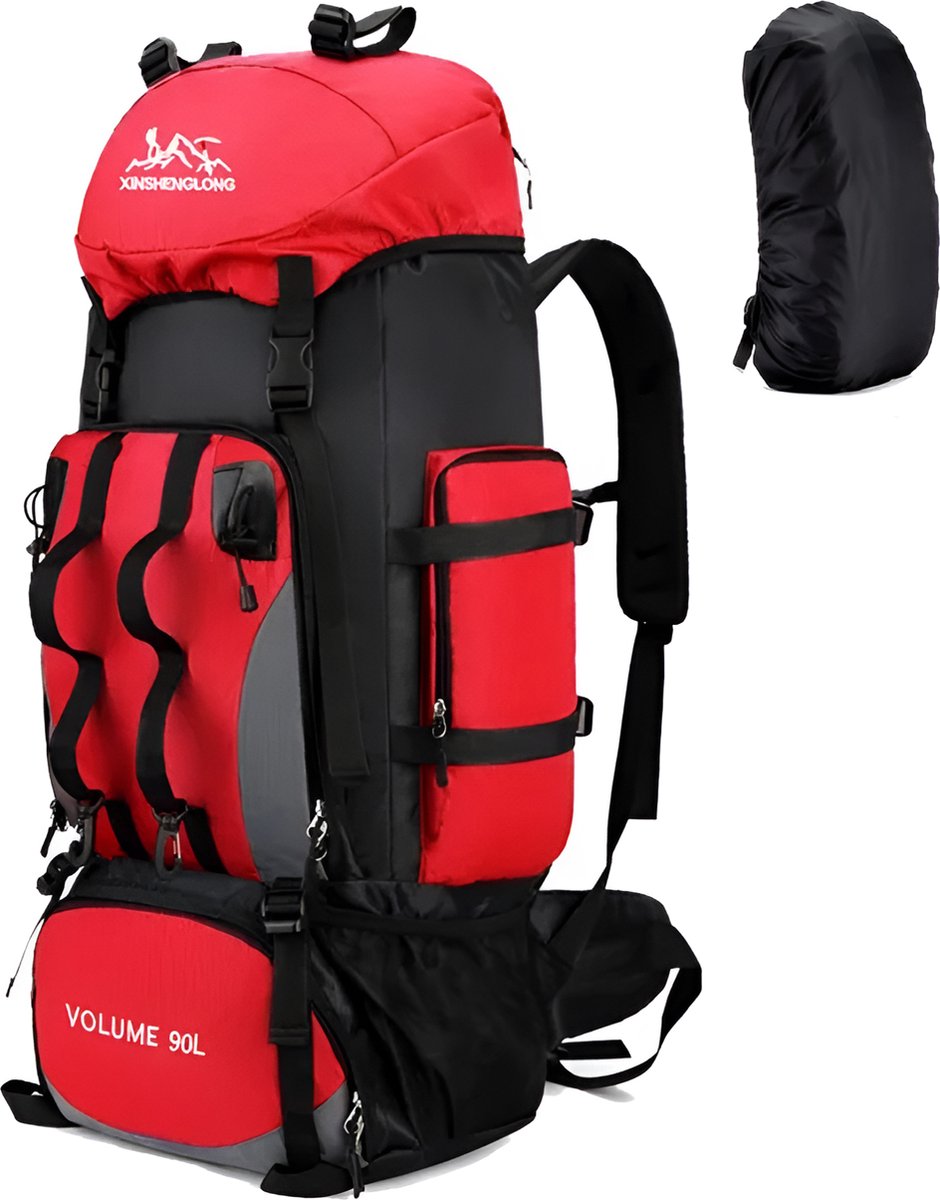 Avoir Avoir® - 90L Waterdichte Wandelen Camping Rugzak | Ruim & Duurzaam | Verstelbare Schouderbanden | Inclusief Regenhoes | Voor Mannen & Vrouwen | Ideaal voor Outdoor Avonturen | Rood
