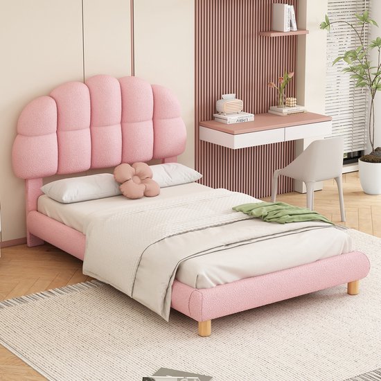 Foto: Sweiko kinderbed 90x200cm eenpersoonsbed frame ronde wol wieg jeugdbed kussen bed roze geen matras 