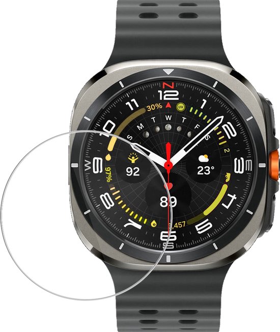 Gedetailleerde weergave van de Samsung Galaxy Watch Ultra met een cirkelvormige overlay voor de screenprotector.