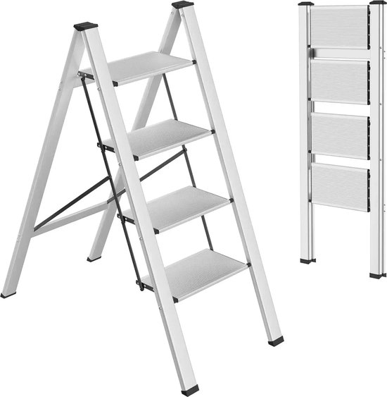 Foto: Globegoods ladder huishoudladder trap trapladder lichtgewicht draagbaar 150 kg belasting 4treden zilver