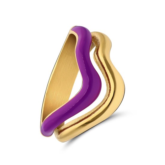Lucardi Dames Stalen goldplated ring met paarse emaille - Ring - Staal - Goud