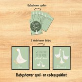 Babyshower spellen pakket gans met bijpassende ingelijste posters als cadeau - zwart |Originele babyshower activiteit | Max 15 personen | A5 formaat, stevig papier | Babyshower partygames | Uniek cadeau | Babykamer decoratie | Baby shower aandenken