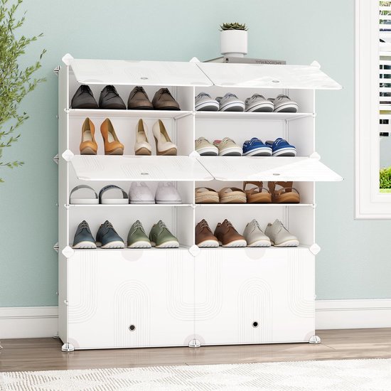 JOISCOPE Schoenenrek, Multifunctionele Modulaire Schoenenorganizer, Verwijderbare Scheidingswand, Kunststof en Metalen Frame, Rekkensystemen en Schoenenrekken, Melkwitte Deuren, Zwarte Kast, 3X8