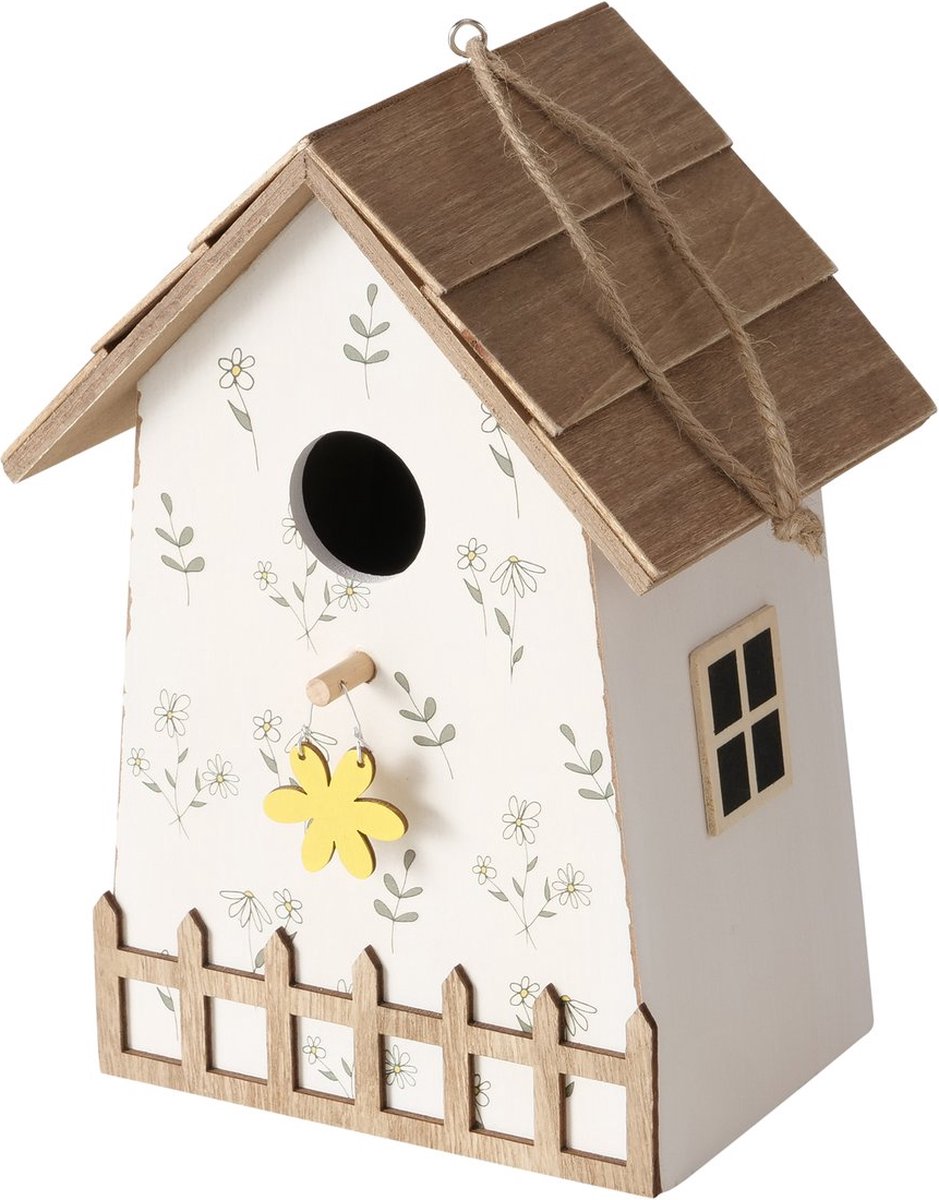 Vogelhuisje gebloemd met bruin dakje MDF wit