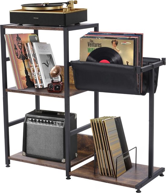 Foto: Platenspeler meubel platenspeler standhouder met opbergplank retro draaitafel kast vinyl record houder met tijdschrift sling