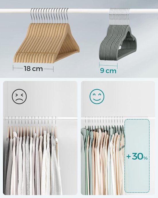 YSSOA Fluwelen hangers, set van 50, antislip kleerhangers met inkepingen op de schouder, 360° draaibare haken, robuuste standaardhangers voor ruimtebesparing in de kast, wit