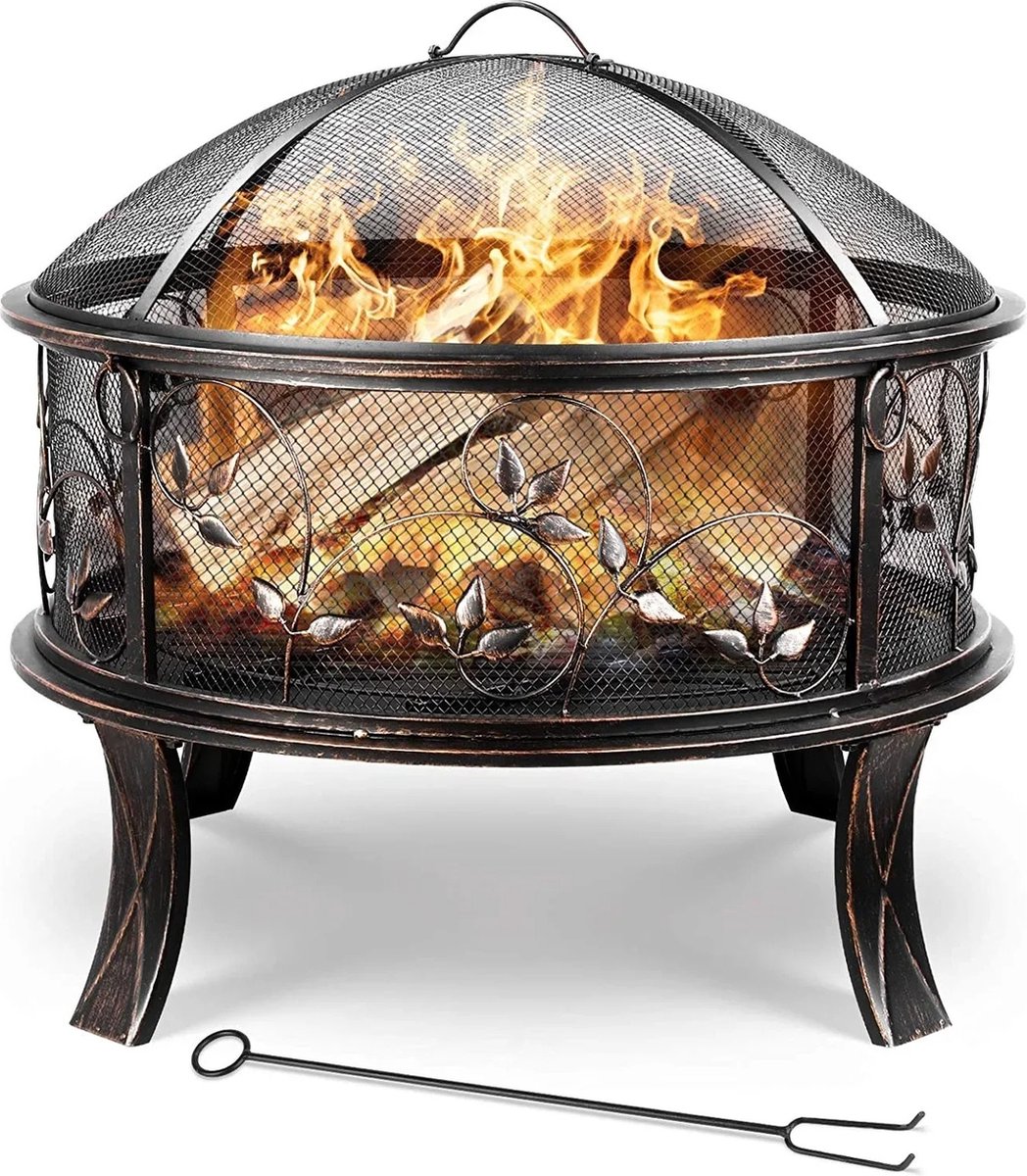 Wildor® Vuurkorf - Vuurhaard - Terrashaard - Openhaard - Vuurton - 71x71x65cm - Vuurmand op voeten - Incl. vonkenscherm, poker en houtskoolrooster - Kachel - Buitenhaard