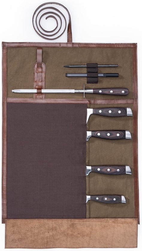 Foto: Premium messentas van leer en canvas voor koksmessen grote koksmessentas beige natuurlijke kokstas e n maat knife roll bag