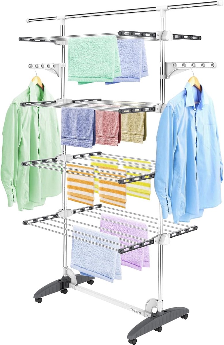 Goedkoopste Kledingdroger Toren Opvouwbare wastoren 4 niveaus RVS buizen Torendroger met 6 x wielen Uitschuifbare bovenstrip Vleugels Mobiele toren Kledingdroger voor wasruimte Badkamer Grijs