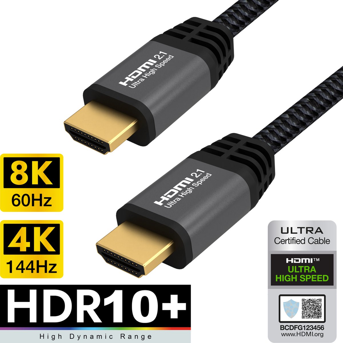 Qnected HDMI 2.1 kabel 5 meter - Certified - 4K 120Hz & 144Hz, 8K 60Hz Ultra HD - Ultra High Speed - 48 Gbps - PS5, Xbox Series X & S - Graphite Grey