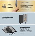 Twee Xtorm powerbanks, één naast een smartphone, de ander met een telefoon en tablet aangesloten. "Xtorm SuperCharge" en "Supreme Guarantee".