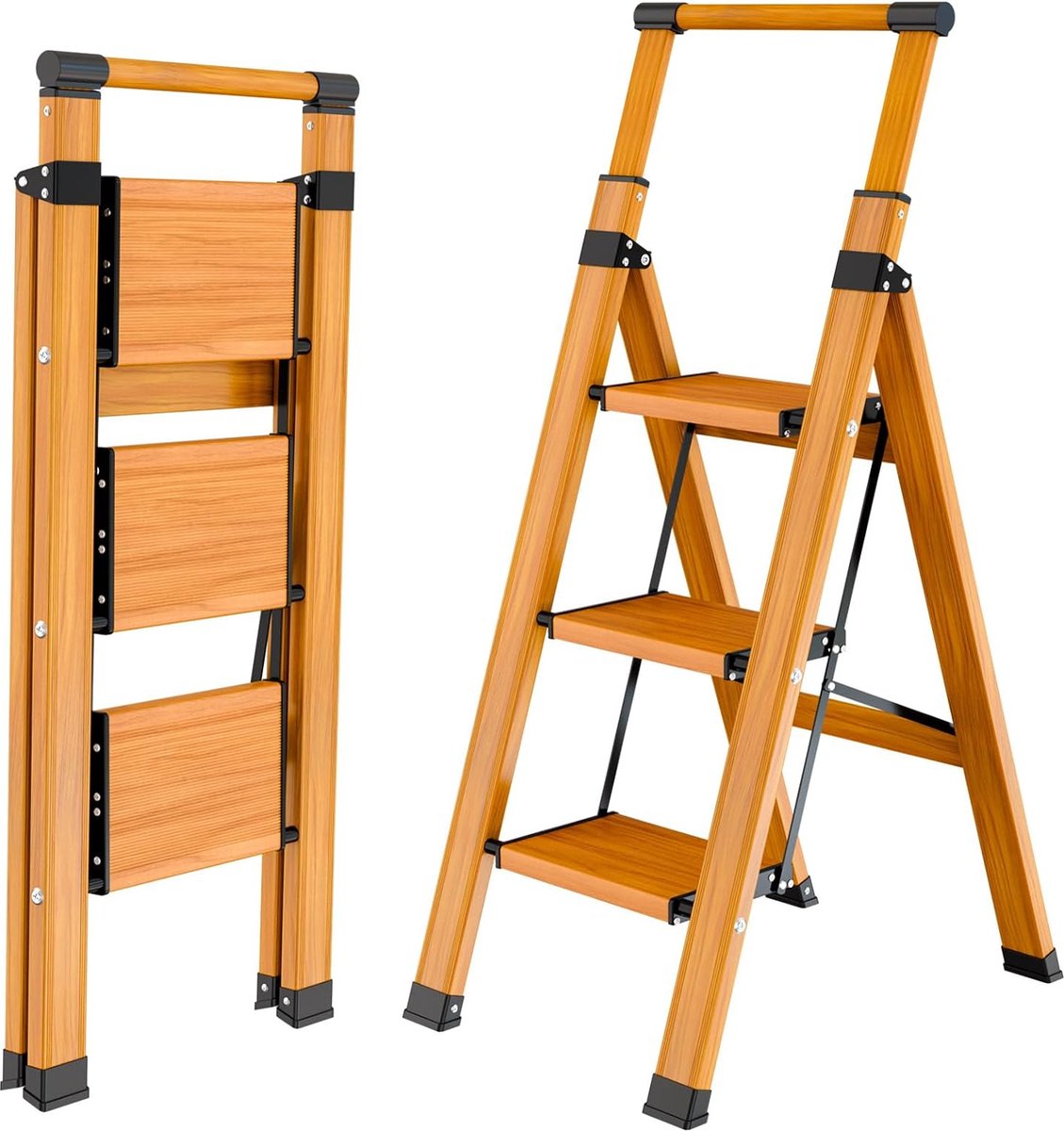 LifeStages Trapladder 3 treden opvouwbare antislip huishoudladder multifunctionele ladder houtnerf draagbare ladder met uitschuifbare leuning aluminium vouwladder draagvermogen tot 150 kg