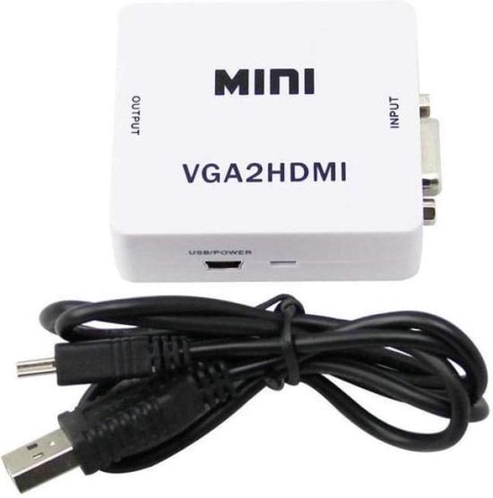 Convertisseur VGA vers HDMI blanc 'Go Go Gadget' avec le texte 'MINI', 'INPUT', 'OUTPUT' et un port USB/Power. Avec câble USB noir.