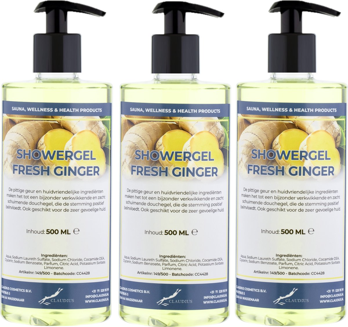 Goedkoopste Douchegel Fresh Ginger 500 ml - set van 3 stuks - met gratis pomp - Showergel