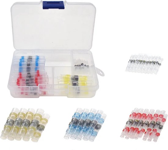 Opbergdoos met gesorteerde krimpkousen: rood, blauw, geel en wit met metalen ring.
