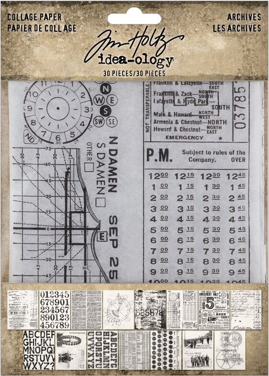 Papier collage avec texte de journal ancien, horloge et listes.