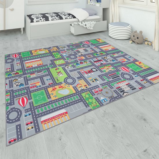 Paco Home Kindertapijt Kinderkamer Grijs Kinderkleed Speelkleed Straten Meisjes Jongens 80x150 cm