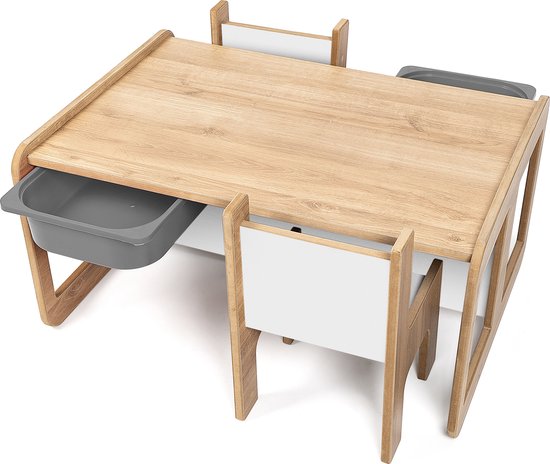 Industrial living kindertafel met 2 grijze opberglades - Kinderbureau met 2 stoelen - Speeltafel - Activiteitentafel - Tekentafel - Hout - Walnoot