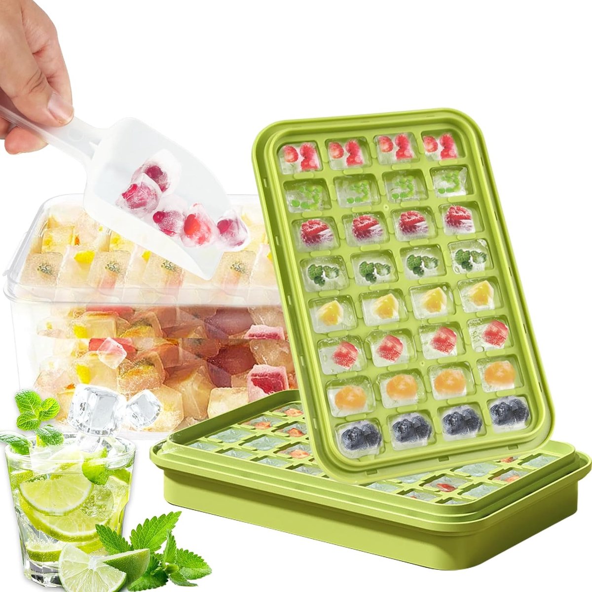 Herbruikbare ijsblokjesbakje met deksel en bakjes vierkante mini-ijsblokjesbakjes met 2 ijsblokjesbakjes 1 ijsemmer en 1 schepje (groen)