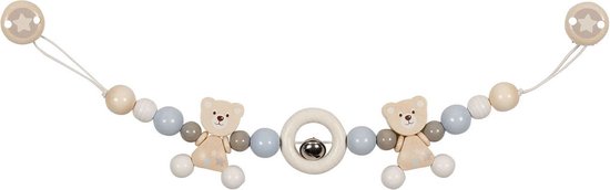 Kinderwagenspanner met twee houten beren, grijs- en blauwgekleurde kralen en sterclips.