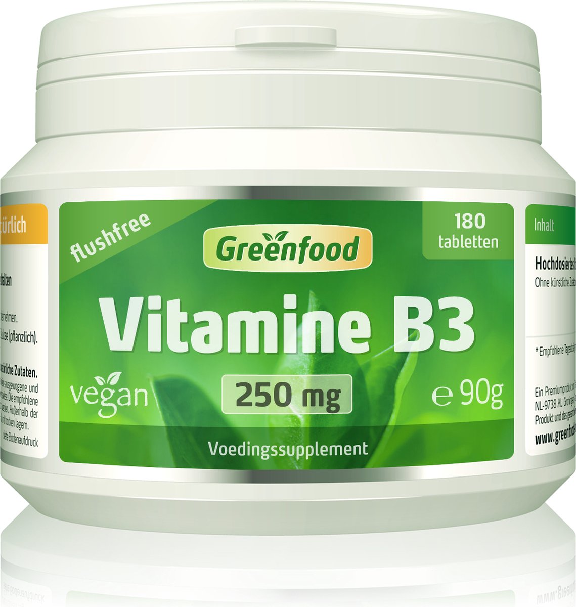 Goedkoopste Vitamin B3, flushfree, 250 mg, hochdosiert, 180 Tabletten, vegan - gut für Haut, Nerevensystem und Eneergiestoffwechsel. OHNE künstliche Zusätze. Ohne Gentechnik.