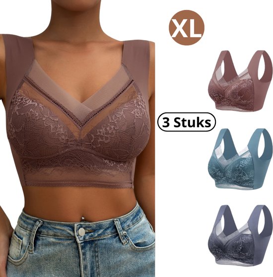 Trois brassières avec bonnets en dentelle et col en V. Disponibles en marron, bleu sarcelle et gris. Taille XL.