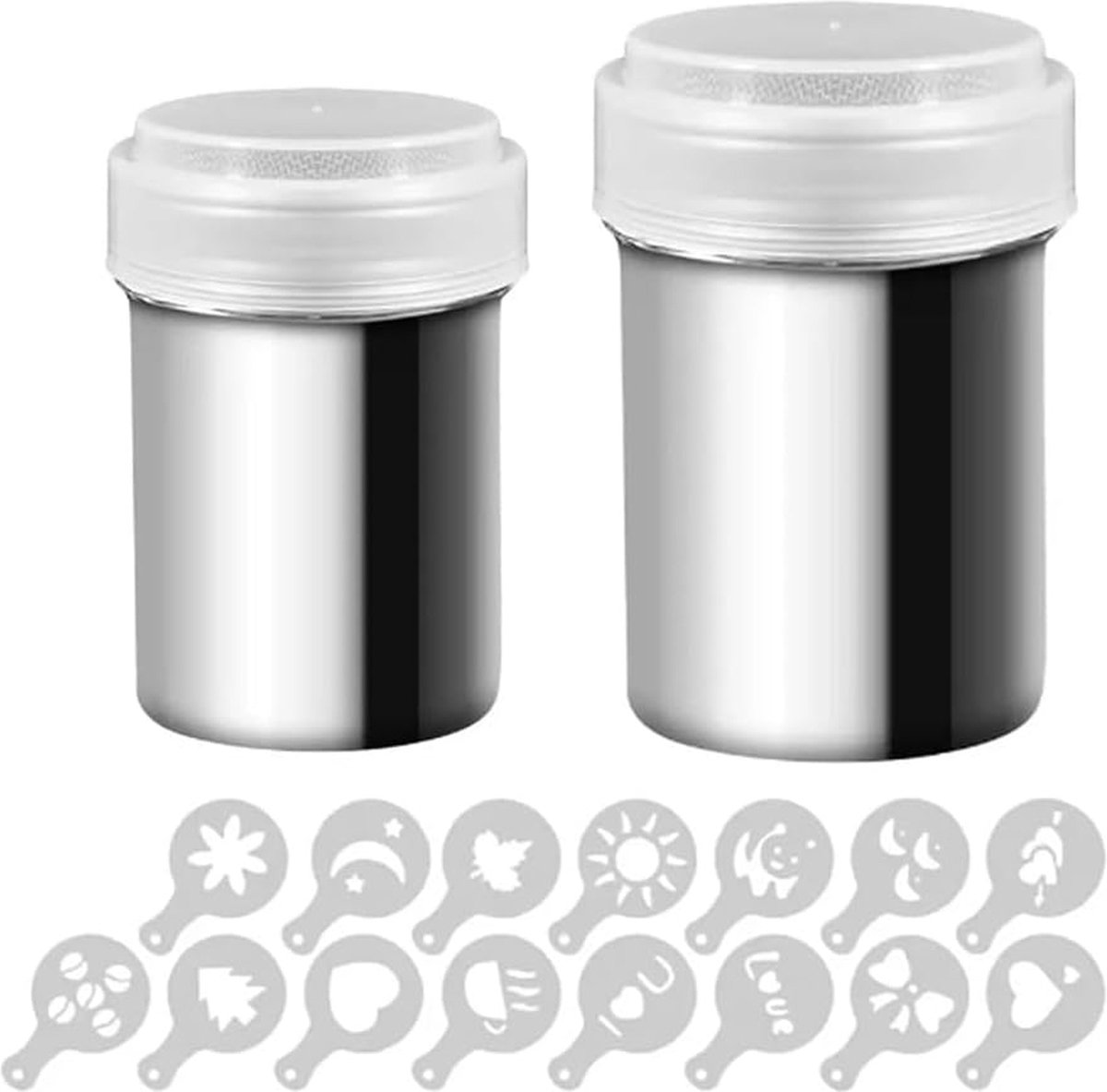 AHEJIOO Set van 2 roestvrijstalen poedersuiker strooiers met 16 delen/set koffie tekening cappuccino vorm en koffiekunst pull pin, cacaostrooier, fijnmazig deksel, voor koken, thuis, restaurant