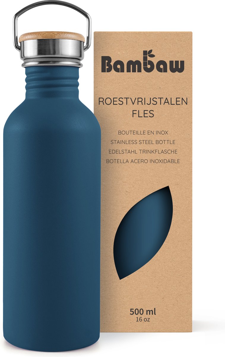 Bambaw® Waterfles 500ml - Enkelwandige drinkfles - Lekvrij, Plasticvrij met Bamboe Dop - Waterflessen Volwassenen - Waterfles RVS - Perfect voor Reizen, Wandelen, Dagelijks Gebruik, Kamperen - Water Fles - Camping - Blauw