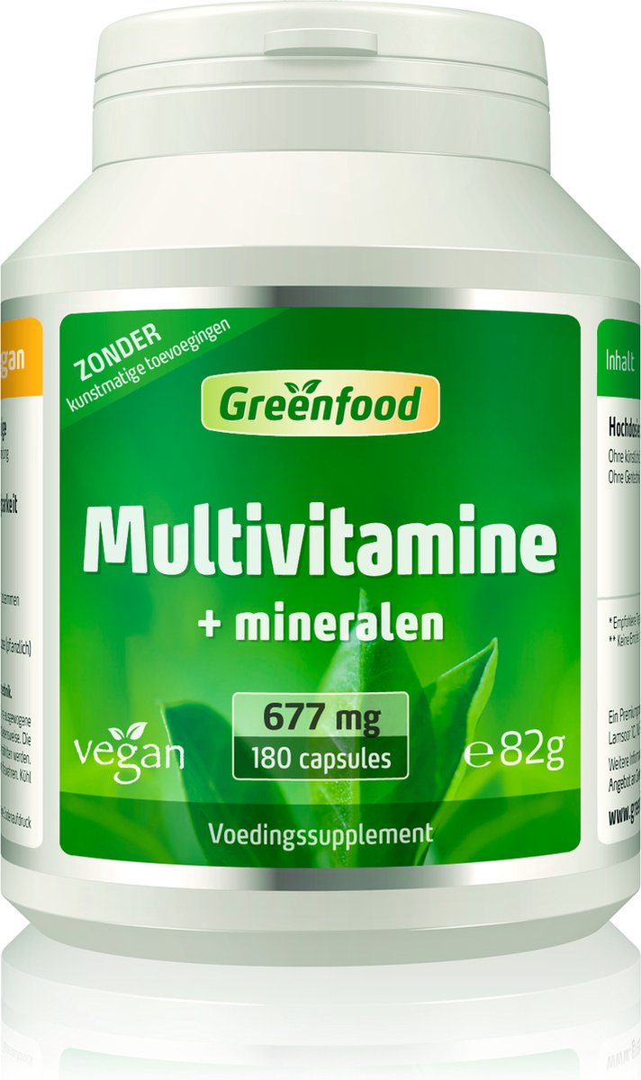 Goedkoopste Greenfood Multivitamine Mineralen, 677 mg, 120 capsules, hoge dosering - Zonder kunstmatige toevoegingen. Veganistisch. GMO-vrij.