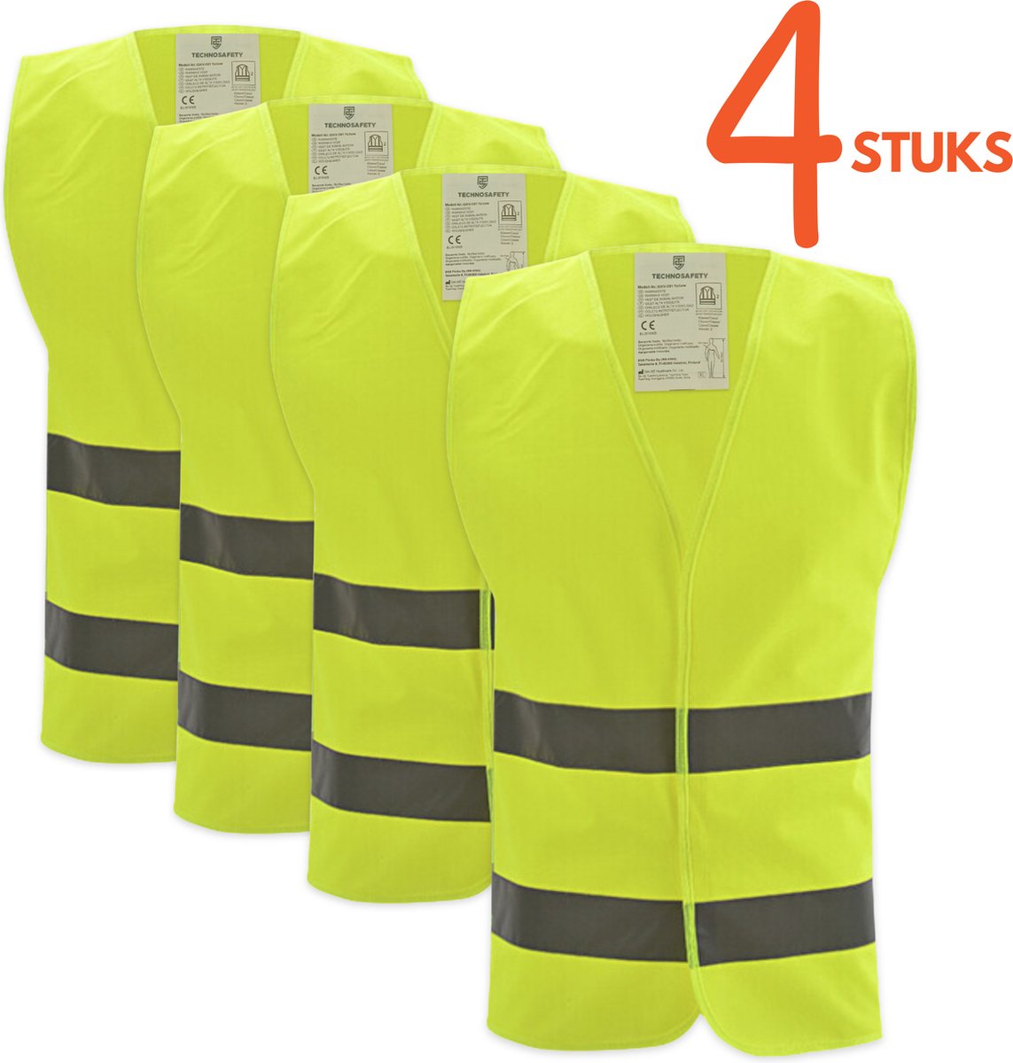 Technosafety Veiligheidshesjes 4 stuks Geel - met Reflectie - Veiligheidsvest familiepak - Reflectievest – Veiligheidshesje