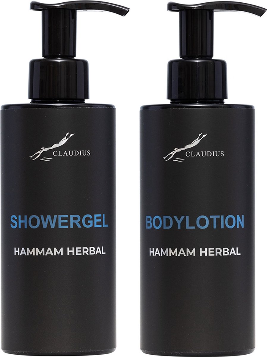 Goedkoopste Douchepakket Hammam Herbal - Showergel Bodylotion - 300 ml per fles - Claudius Cosmetics - bodycare - luxe fles - set van 2 stuks - Cadeau