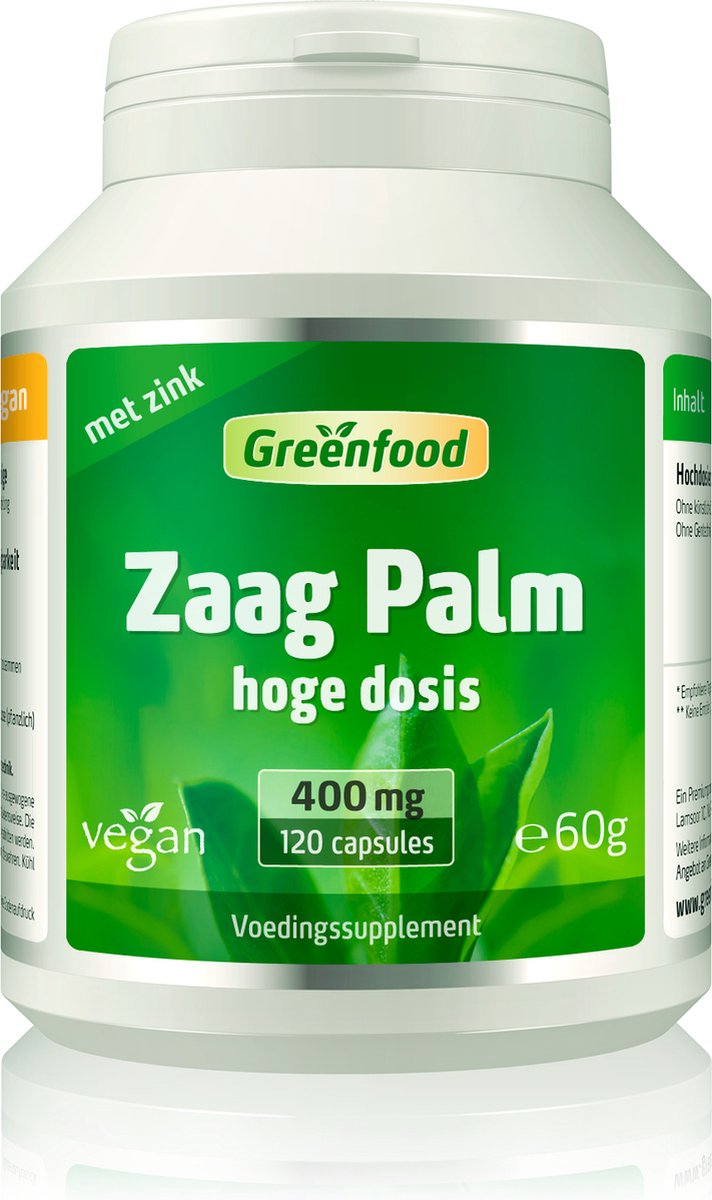 Goedkoopste Greenfood Zaagpalm (extract met 75 ), 400 mg, hoog gedoseerd met zink, 120 capsules, veganistisch. GMO-vrij.