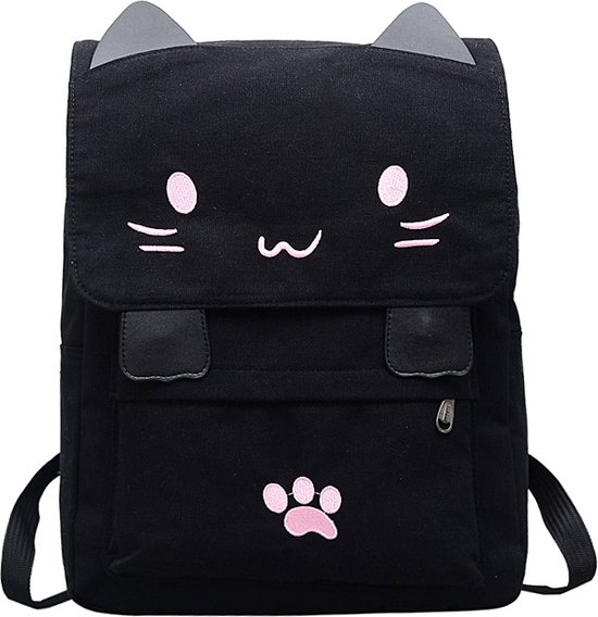 Foto: Schattige kat borduurwerk canvas tas schooltas voor kinderen rugzak voor volwassenen kitty roze 