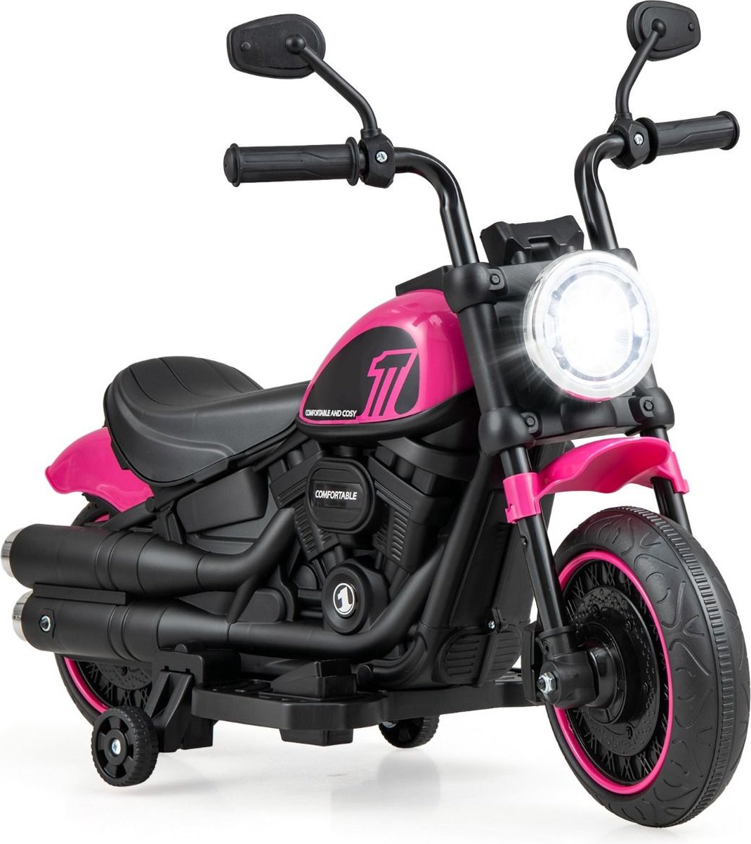 Costway Elektrische Motorfiets Chopper voor Kinderen 6V 1 5-2 5 km u Roze Zijwieltjes LED Koplampen Banden met groeven Accuvoertuig Kinder motor Kindermotor