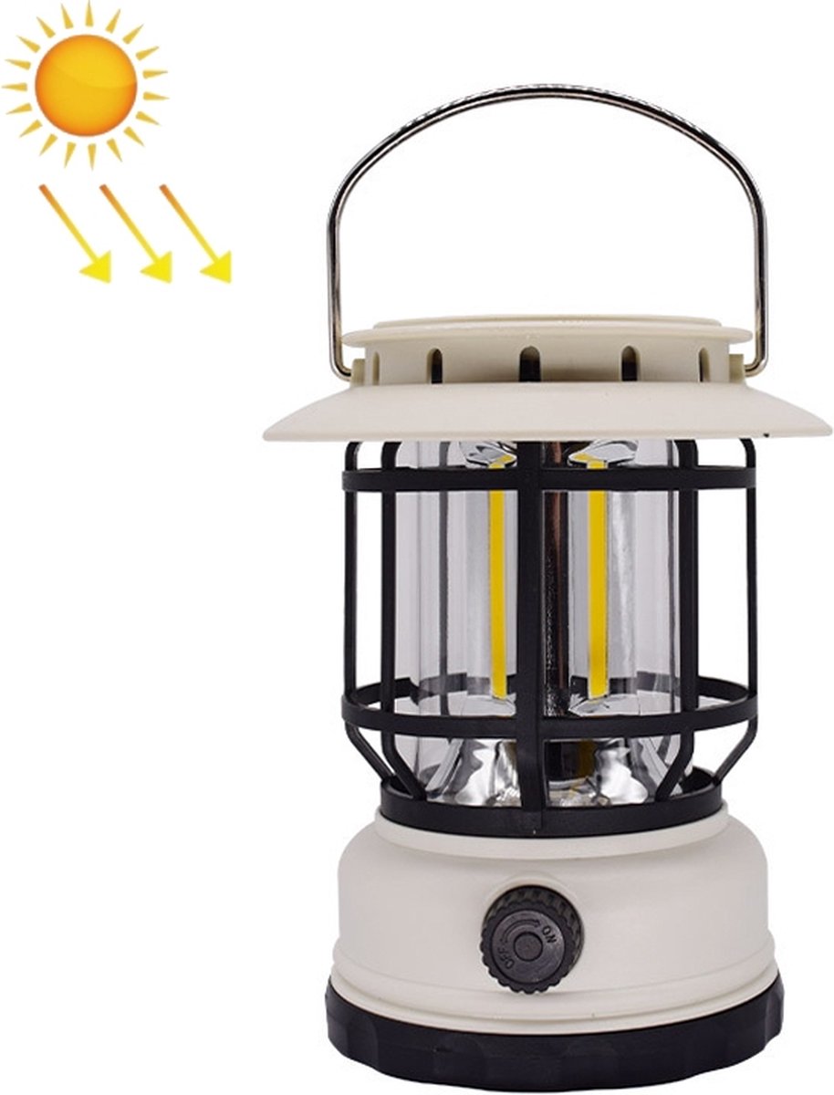 IPEXNL Retro oplaadbare camping lamp met solar en met hanger op voet geeft licht tot 330lm, IP44, brandtijd tot 8h, dimbaar, matt , licht gewicht 249g , instelbare lichtkleur kleur zwart/wit