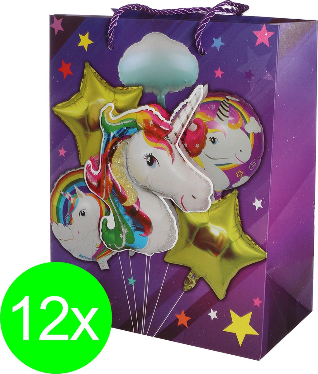 12x Eenhoorn Papieren Draagtassen – Sprookjesachtige Cadeauverpakking voor Kinderen (18x10x23)cm, 280 g/m², 4 Varianten