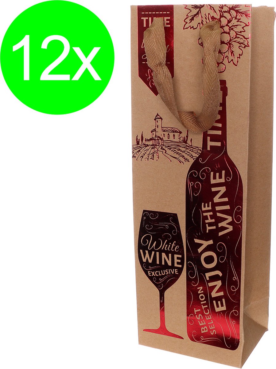 12x Wijnfles Cadeautassen – Craft Papieren Draagtassen voor Wijncadeaus (12x9x36)cm, 230g/m²