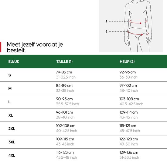 Maattabel voor ondergoed met taille- en heupmaten in EU/UK, centimeters en inches. "Meet jezelf voordat je bestelt."