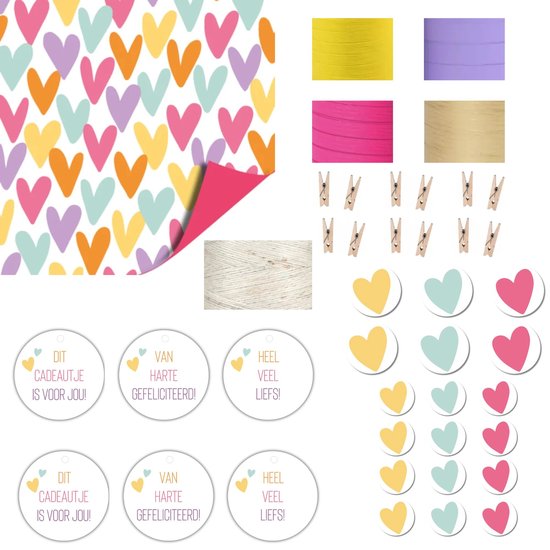 Foto: Inpakset hartjes multicolor 43 delig cadeaupapier cadeau leuk inpakken krullint cadeaustickers cadeaulabels