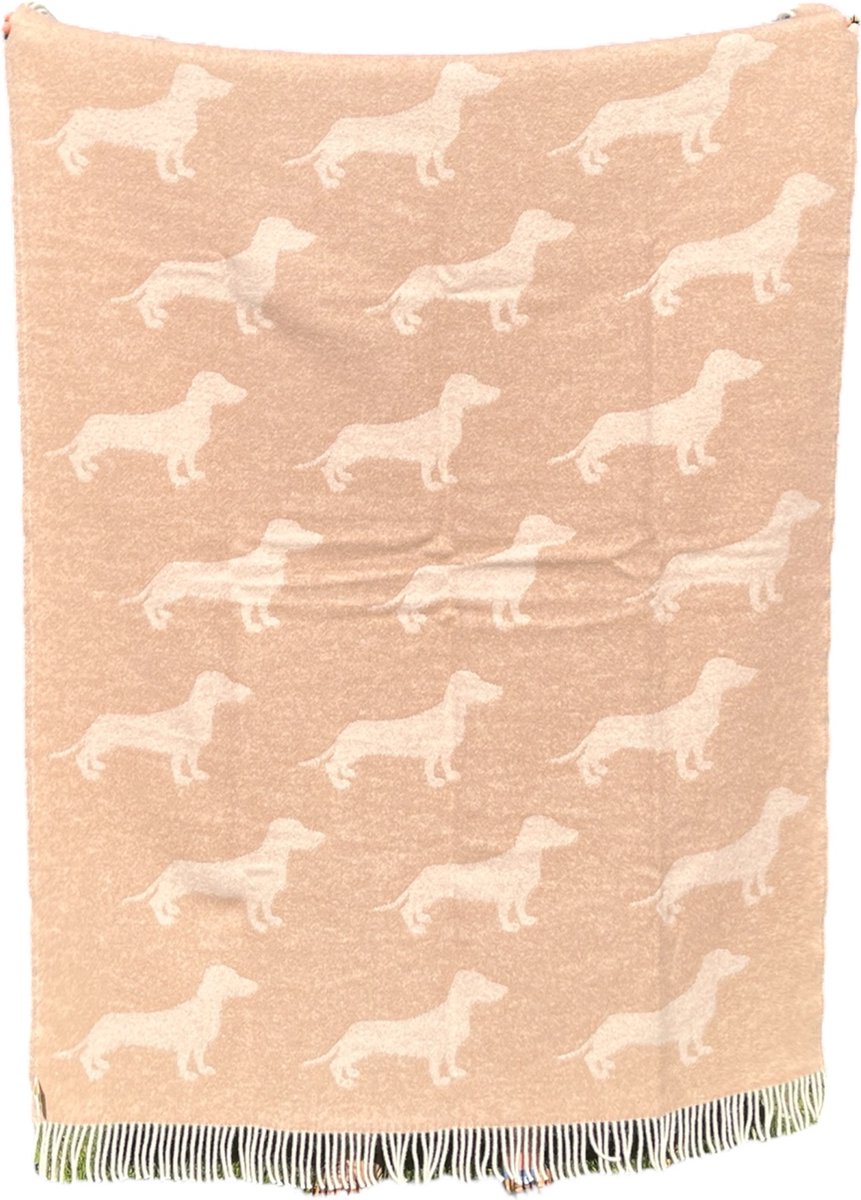 Wollen Plaid / deken Teckel Zand / Coffee / Dachshund - 100% nieuwe wol, extra dik - extra zacht - warm - isolerend - 2 kleurig - Must Have voor Teckelliefhebbers! - 130x170cm + Franjes - Perfect cadeau idee