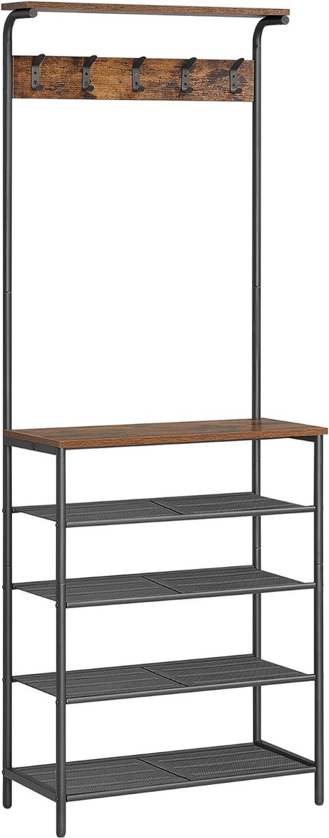 FurnStar - Kledingrek - halboom met schoenenopberger - schoenenrek met 5 niveaus - verschillende hoogtes - 5 dubbele haken - bovenste plank - slaapzaal in de gang industrieel rustiek - bruin en zwart