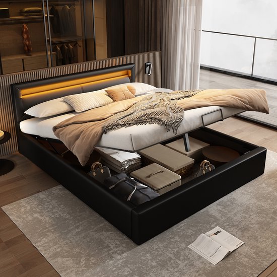 Gestoffeerd bed met LED, lattenbodem, kist en hydraulische ruimte, tweepersoonsbed, kunstleer, wit, 140 x 200 cm, modern, praktisch en comfortabel